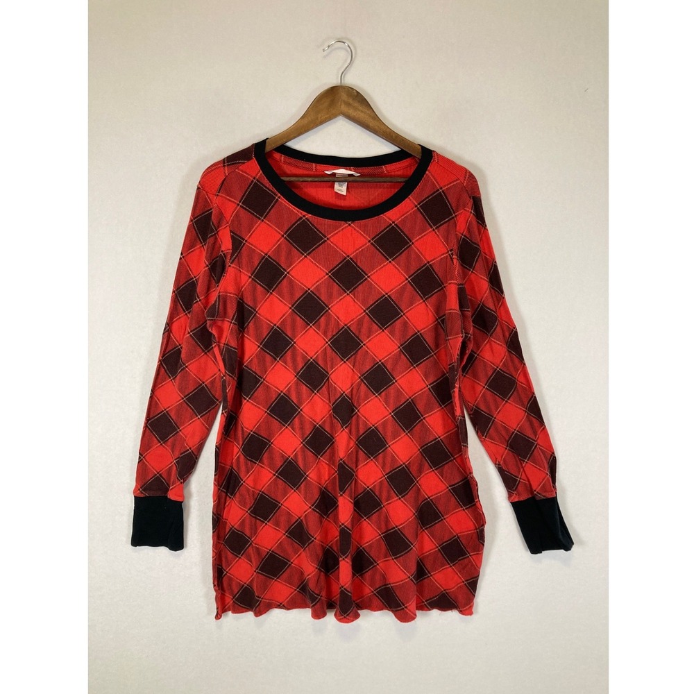 Buffalo Plaid Victoria's‎ Secret Women L Red Black Waffle Knit Thermal Top